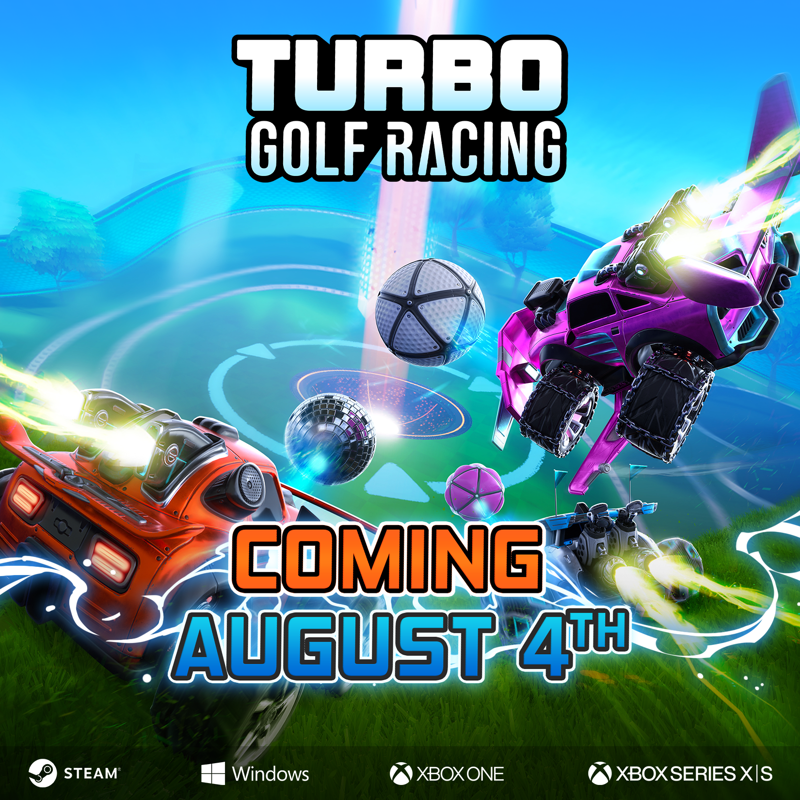 Turbo Golf Racing key art - Game Coming August 4th to Steam, Windows, Xbox Series X|S and Xbox One